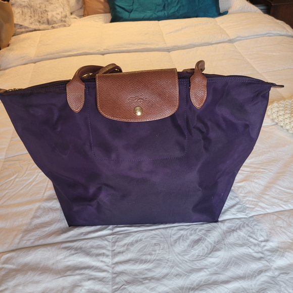 Longchamp Handbags - Longchamp Purple Tote with Brown Leather Details